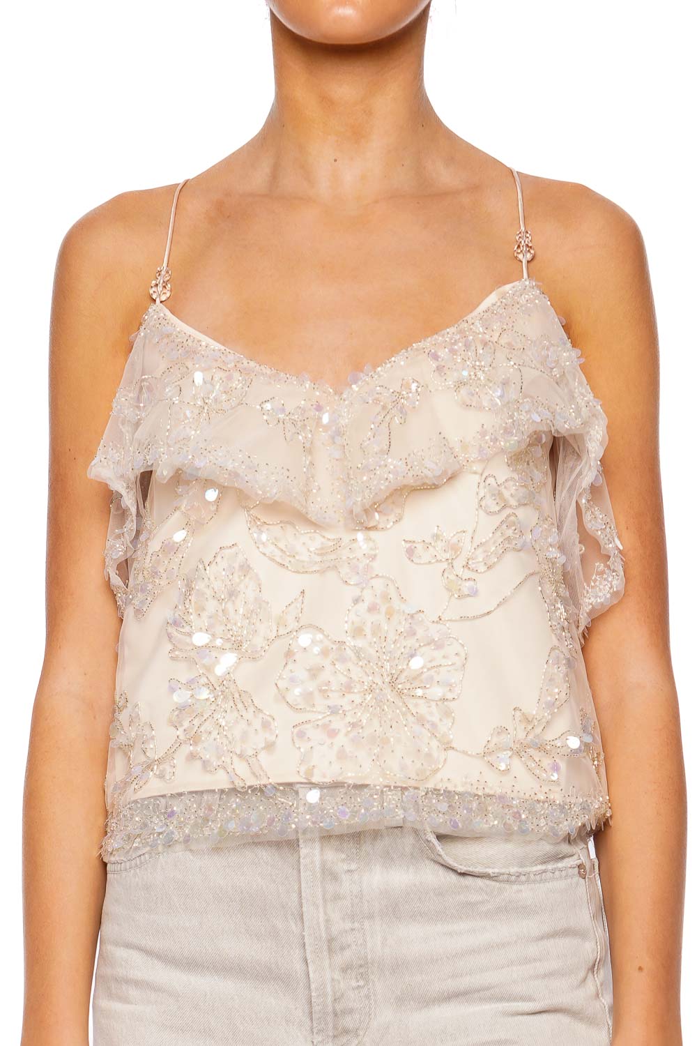 Aje. Iridescence Sequin Tulle Crop Top