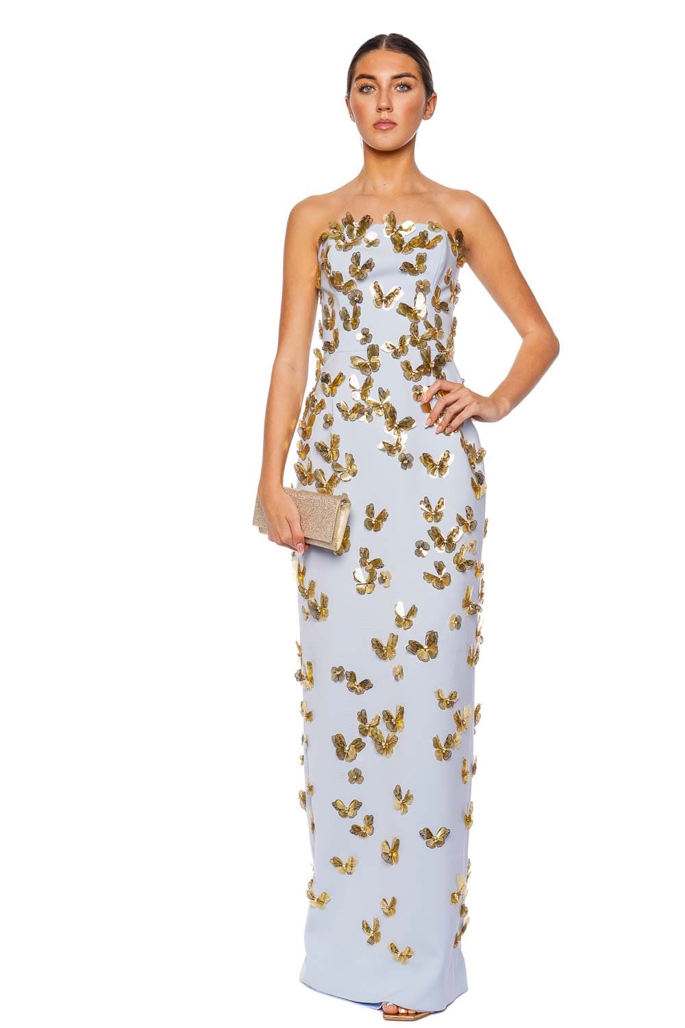 Carolina Herrera Celeste Butterfly Embellished Strapless Gown