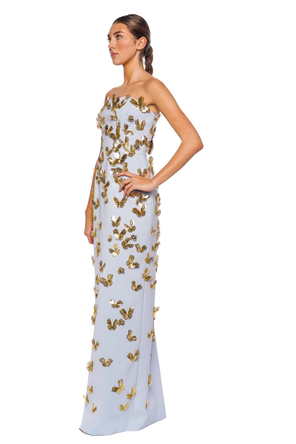 Carolina Herrera Celeste Butterfly Embellished Strapless Gown