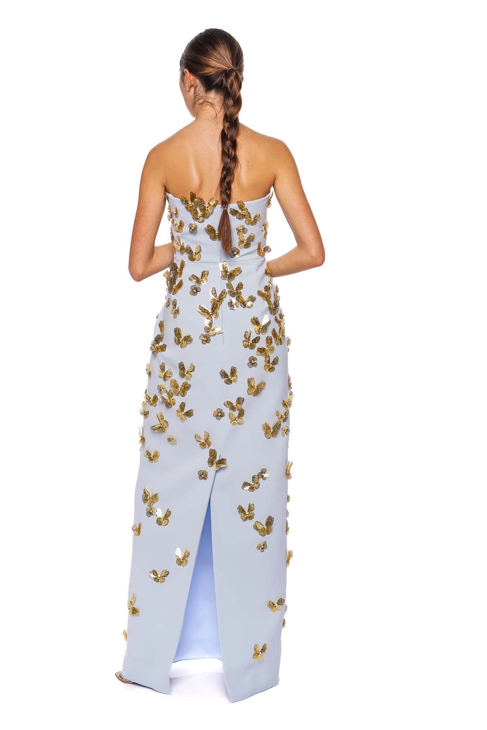 Carolina Herrera Celeste Butterfly Embellished Strapless Gown