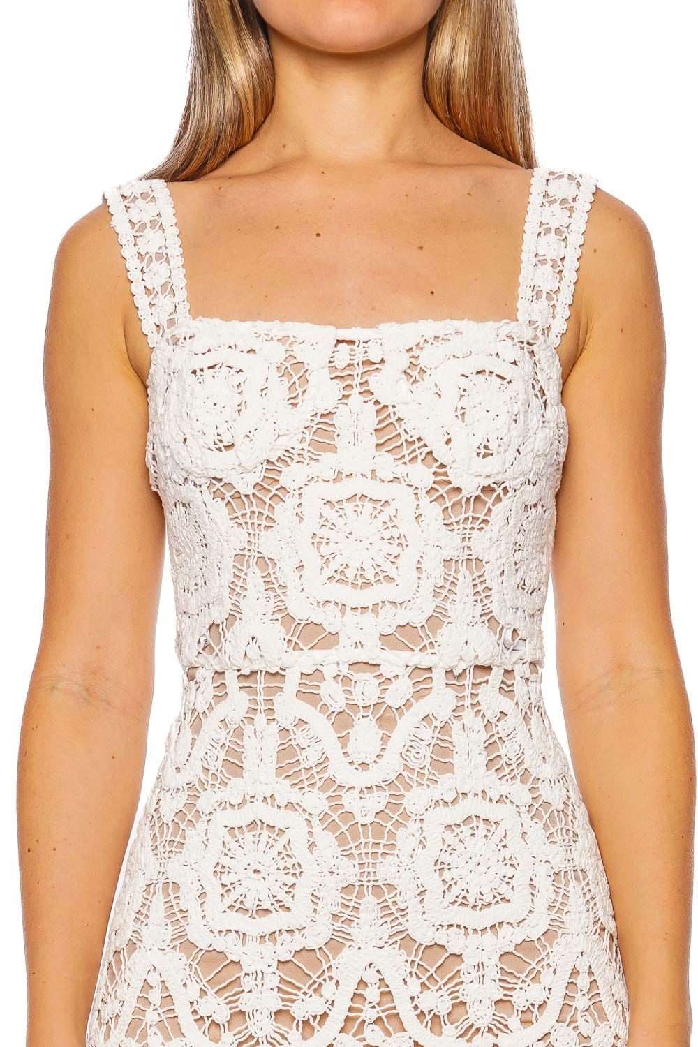 Bronx and Banco Marley White Crochet Sleeveless Maxi Dress