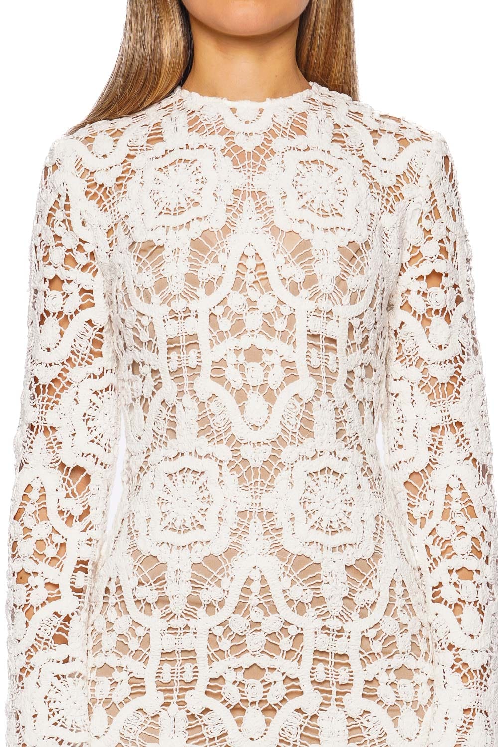 Bronx and Banco Marley White Crochet Long Sleeve Mini Dress