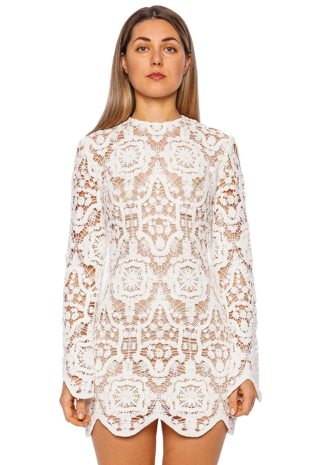 Bronx and Banco Marley White Crochet Long Sleeve Mini Dress