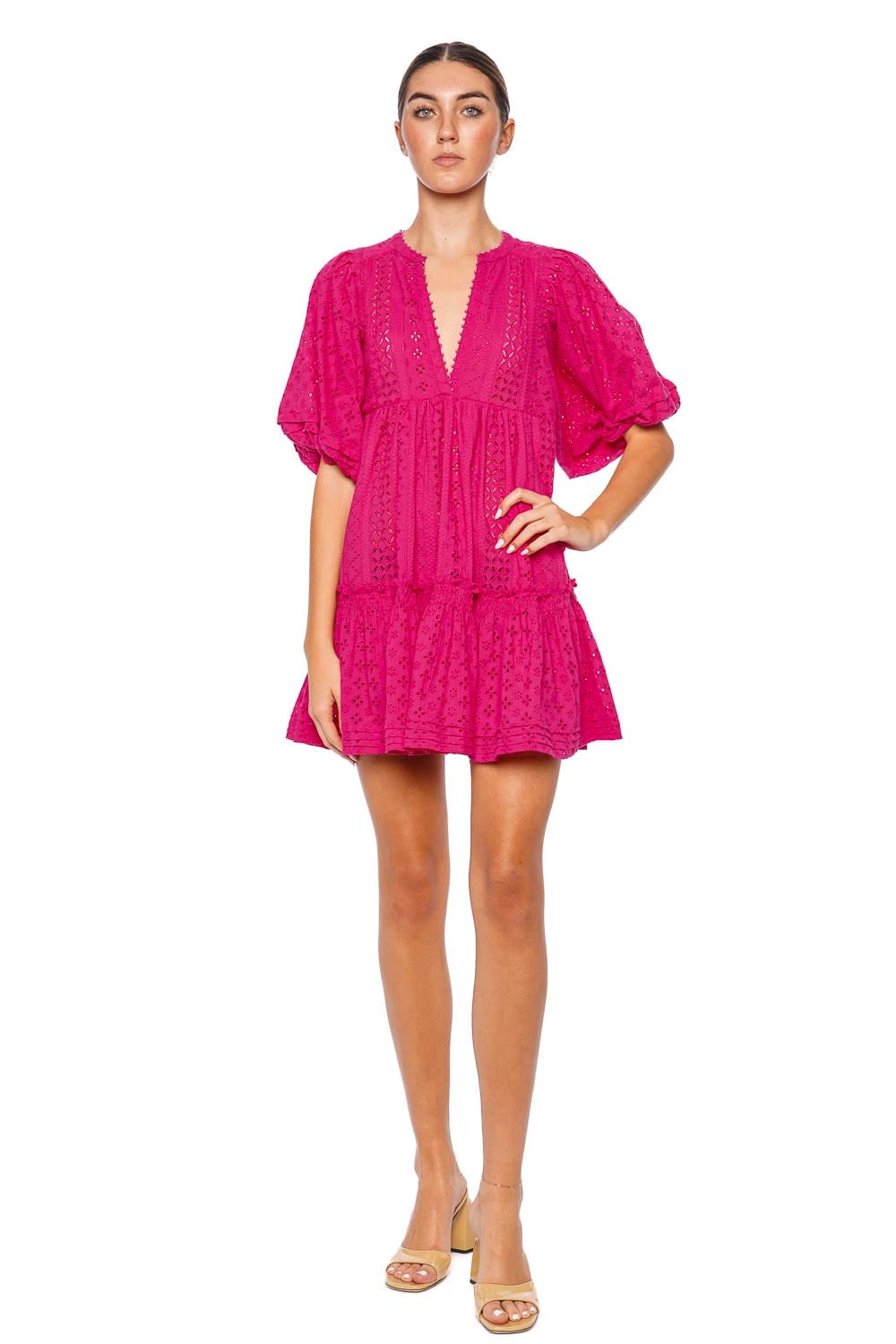 Poupette St Barth Aria Fuchsia Eyelet Mini Dress