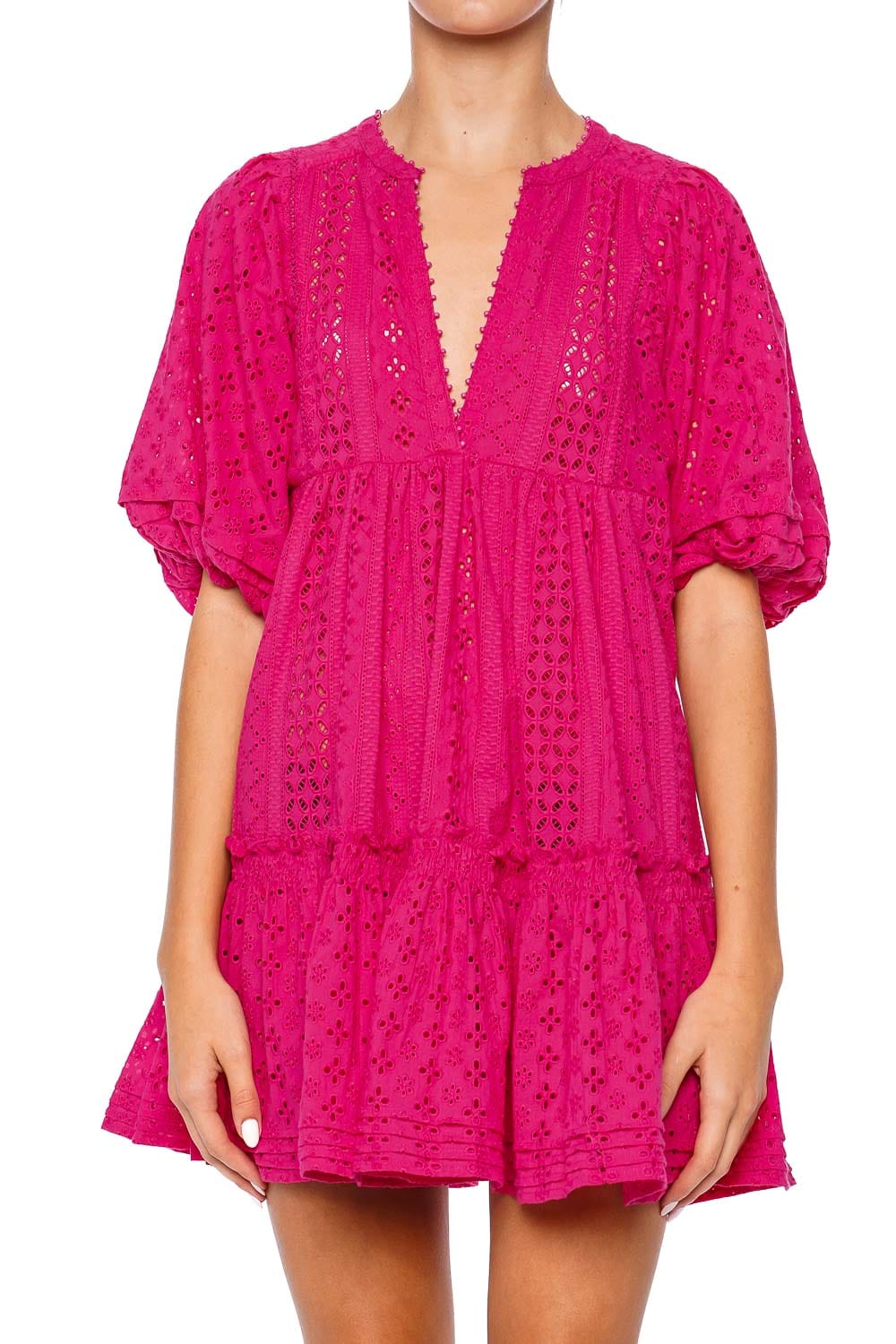 Poupette St Barth Aria Fuchsia Eyelet Mini Dress