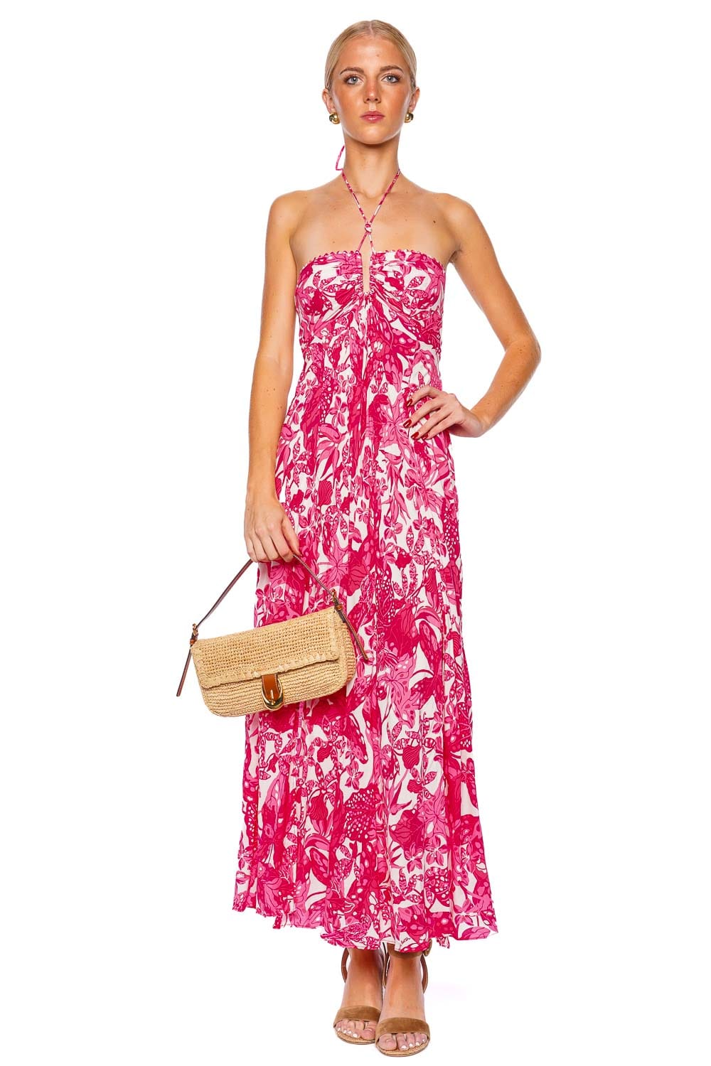 Poupette St Barth Carla Pink Jengel Halter Maxi Dress