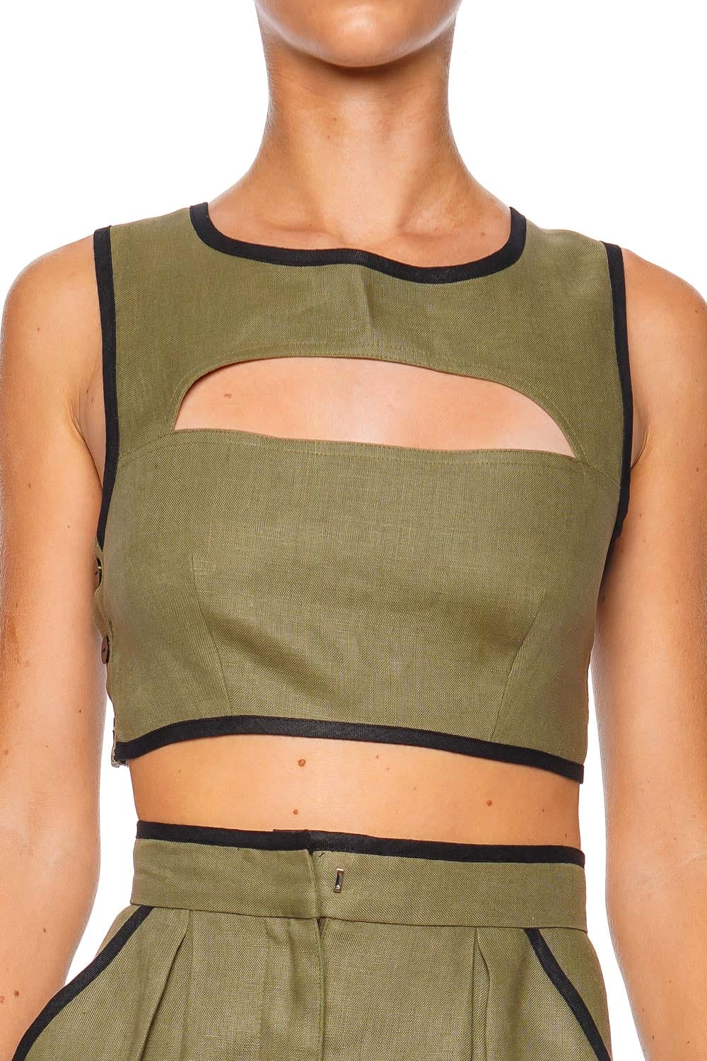 Matthew Bruch Bound Cutout Army Linen Crop Top