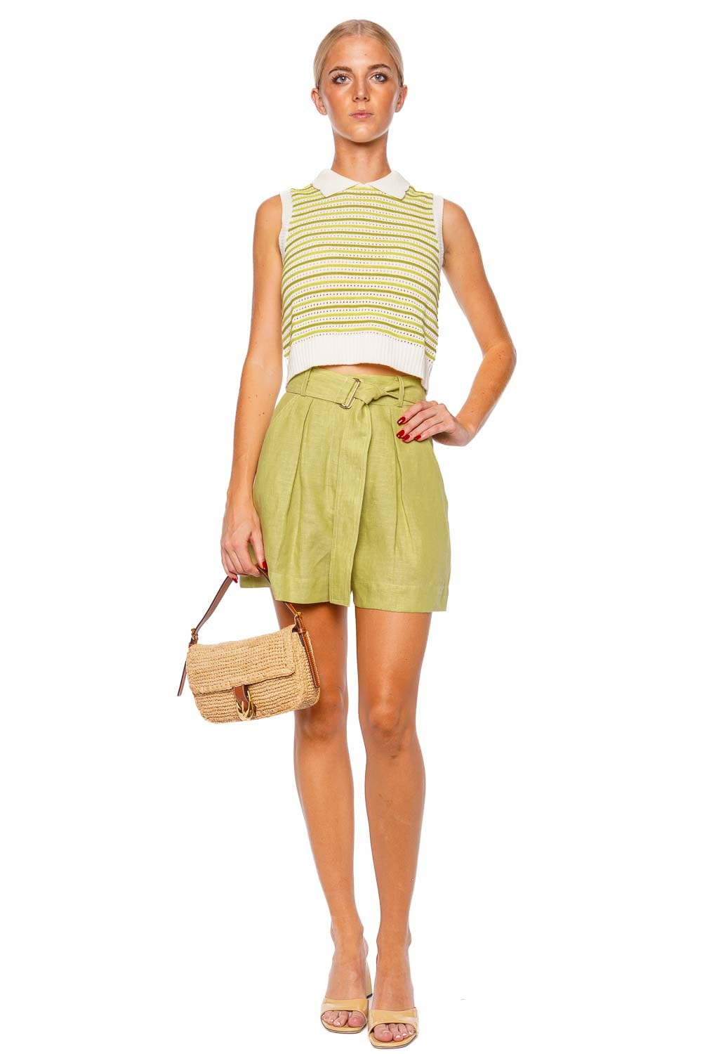 Matthew Bruch Celery Belted Linen Pleated Short