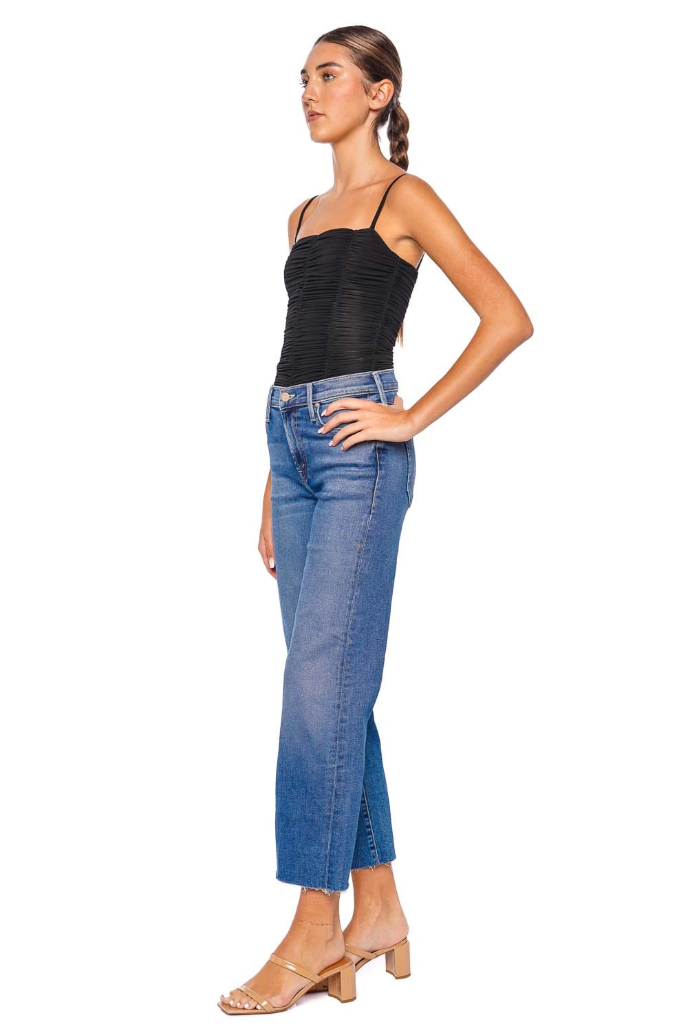 MOTHER Denim Mid Rise Rambler Zip Ankle Fray Jean