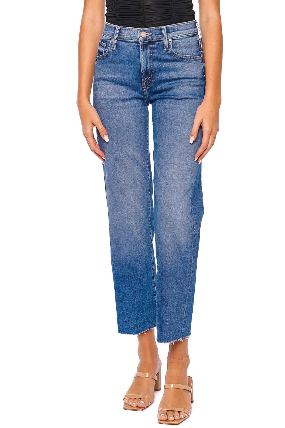 MOTHER Denim Mid Rise Rambler Zip Ankle Fray Jean