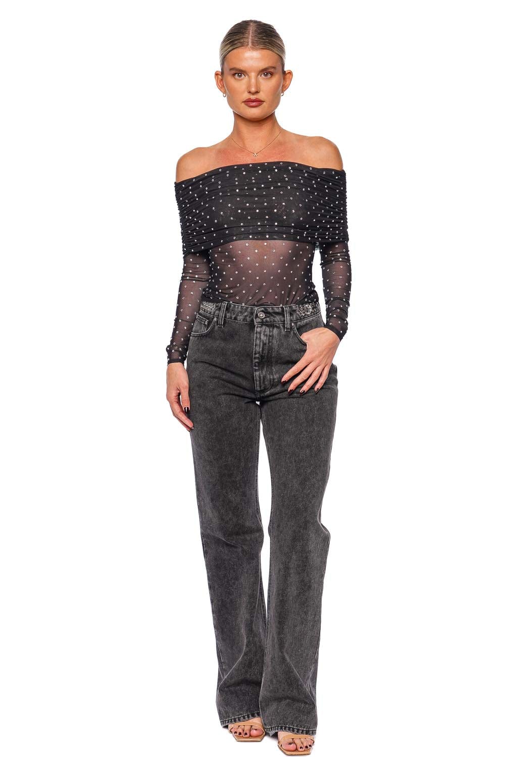 Retrofête Oriana Off Shoulder Rhinestone Mesh Top