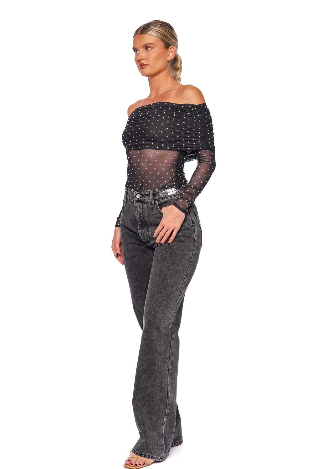 Retrofête Oriana Off Shoulder Rhinestone Mesh Top