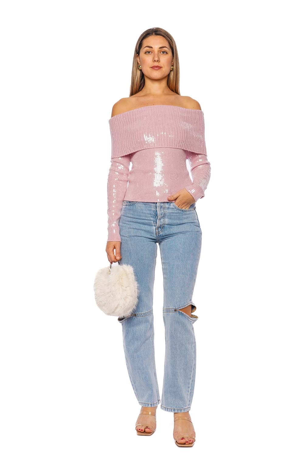 Retrofête Jourdana Sequin Knit Off Shoulder Top