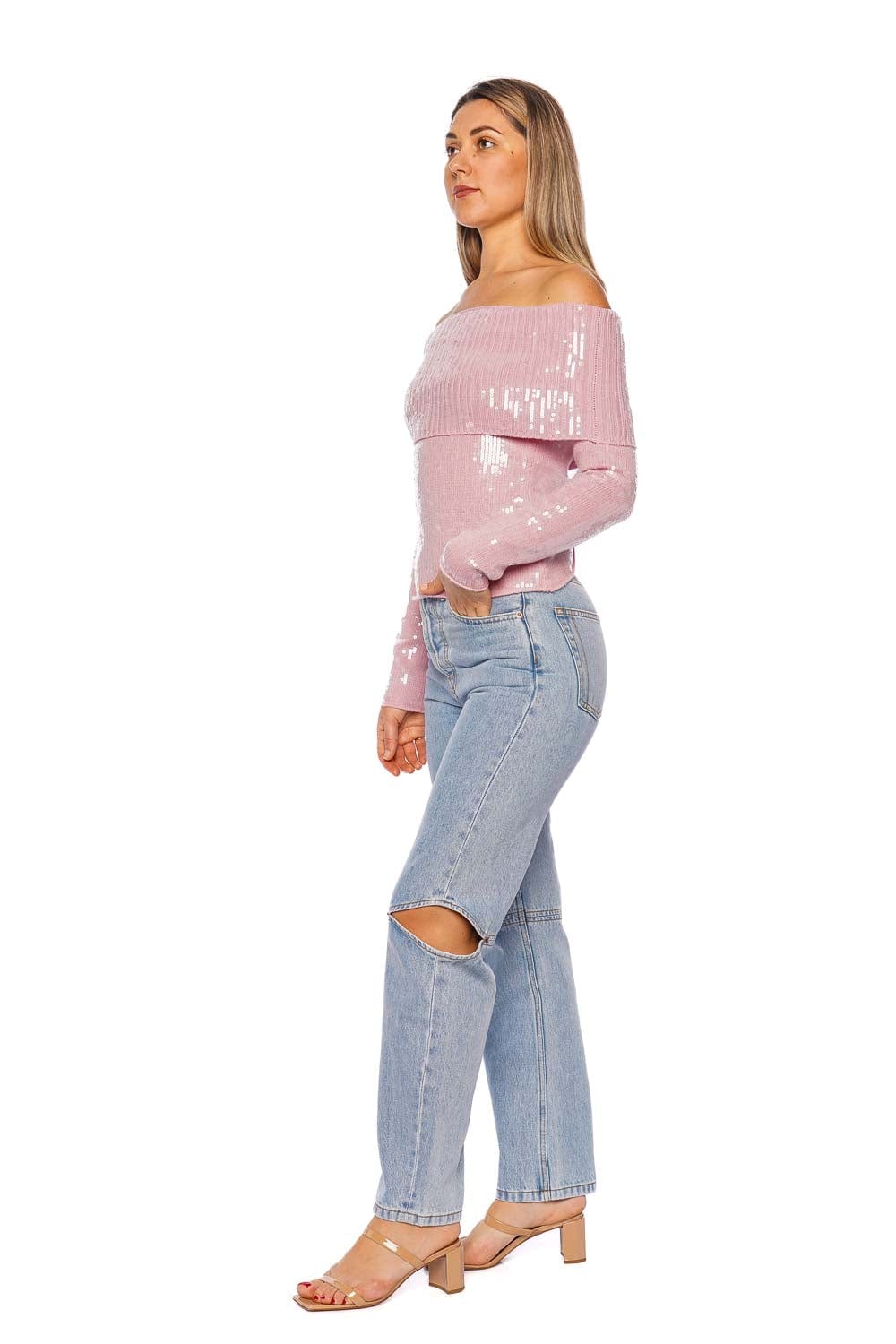 Retrofête Jourdana Sequin Knit Off Shoulder Top