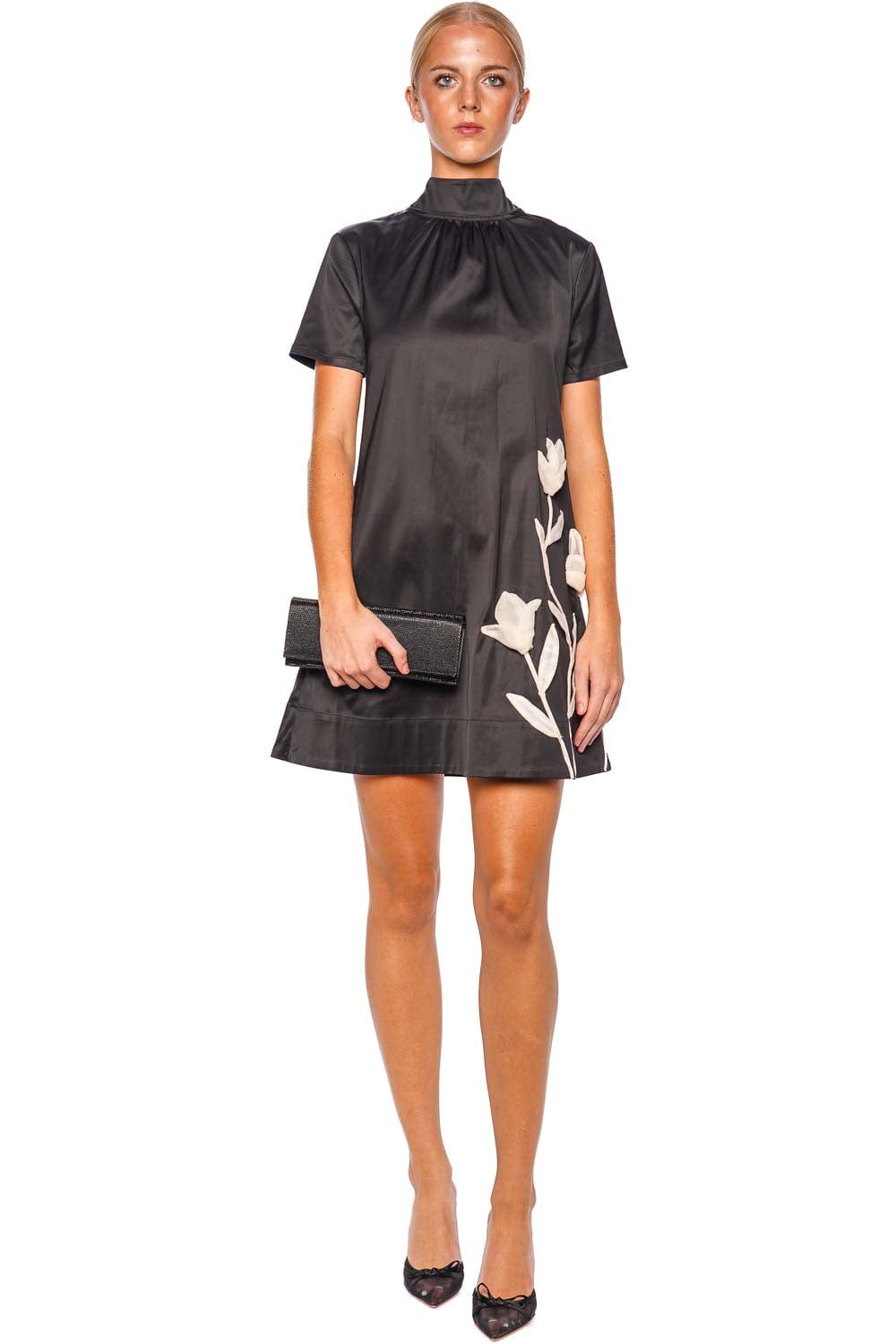 Staud Ilana Black Floral Satin Mini Dress