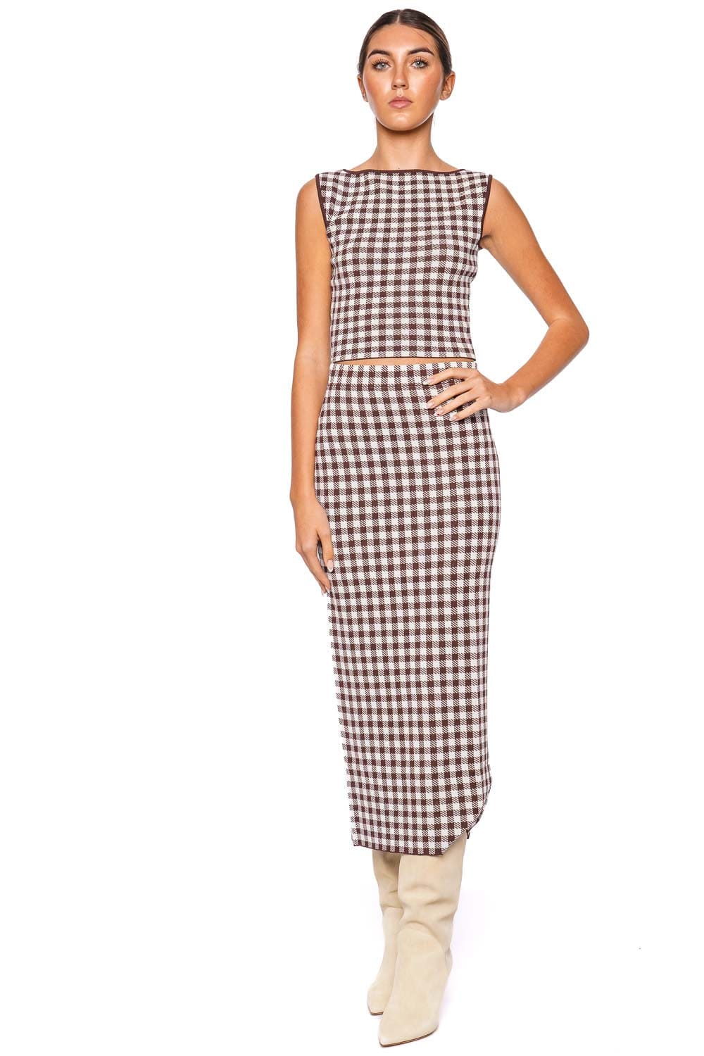 Staud Montgomery Chocolate Gingham Sleeveless Top