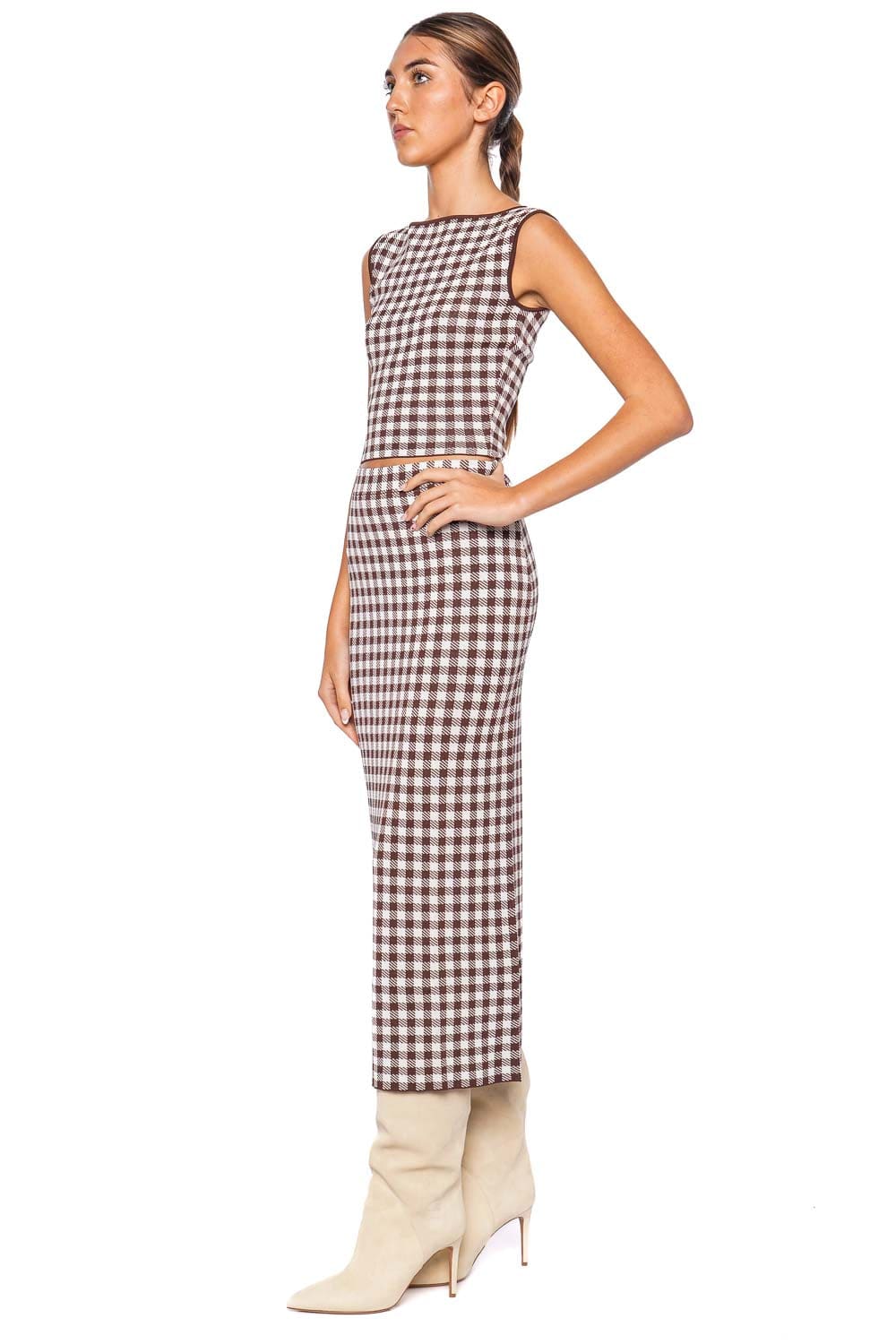 Staud Montgomery Chocolate Gingham Sleeveless Top