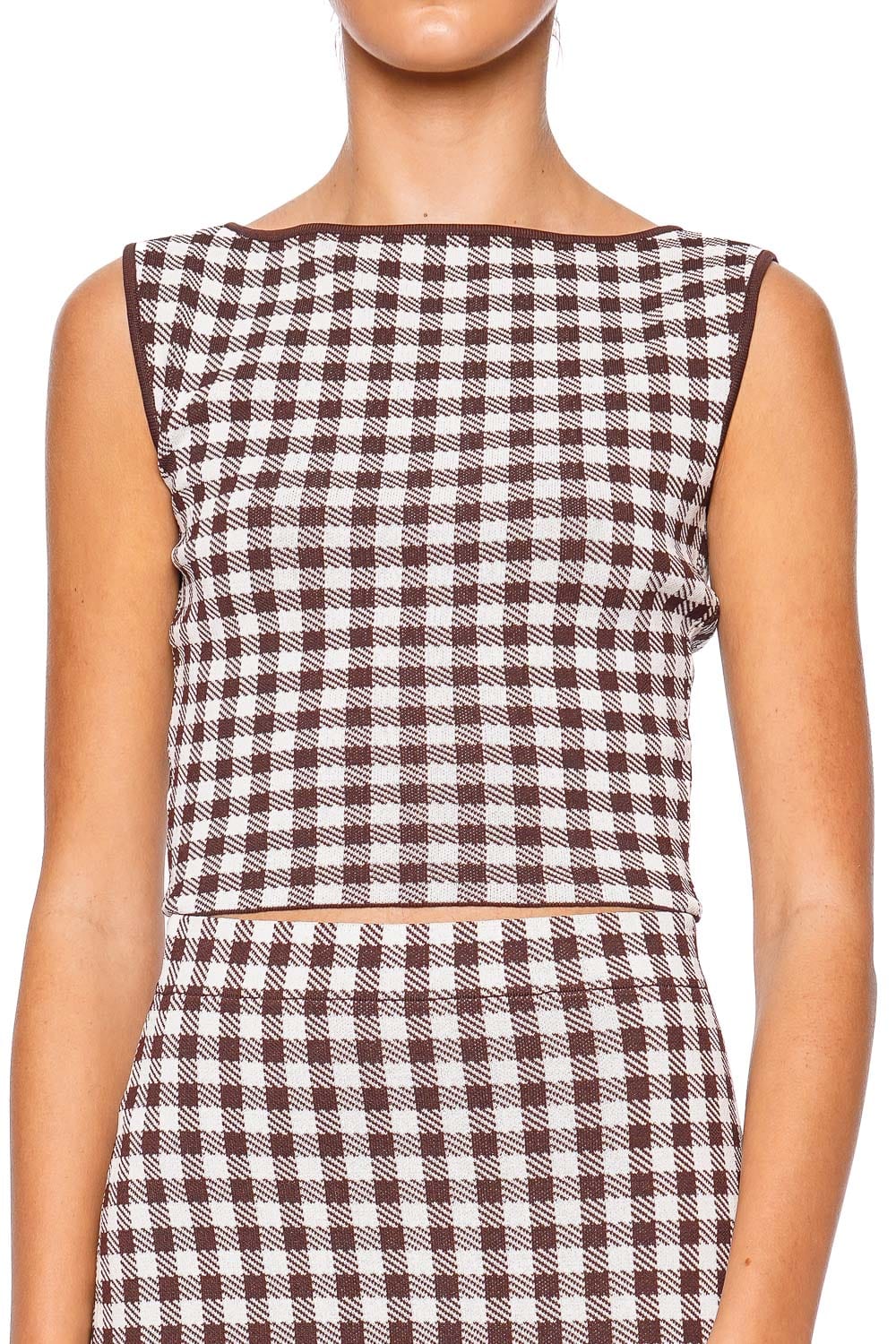 Staud Montgomery Chocolate Gingham Sleeveless Top