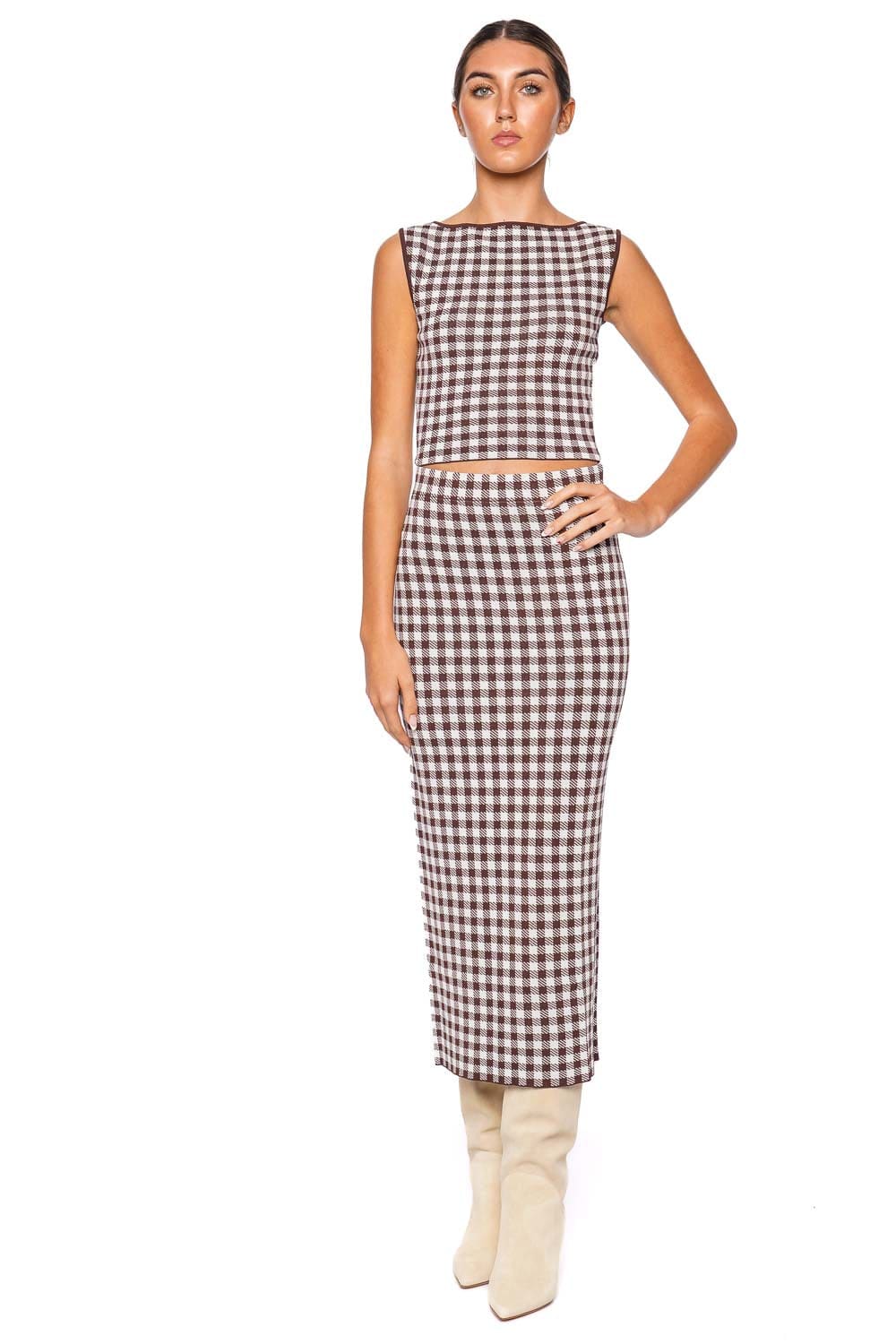 Staud Karina Chocolate Gingham Midi Skirt