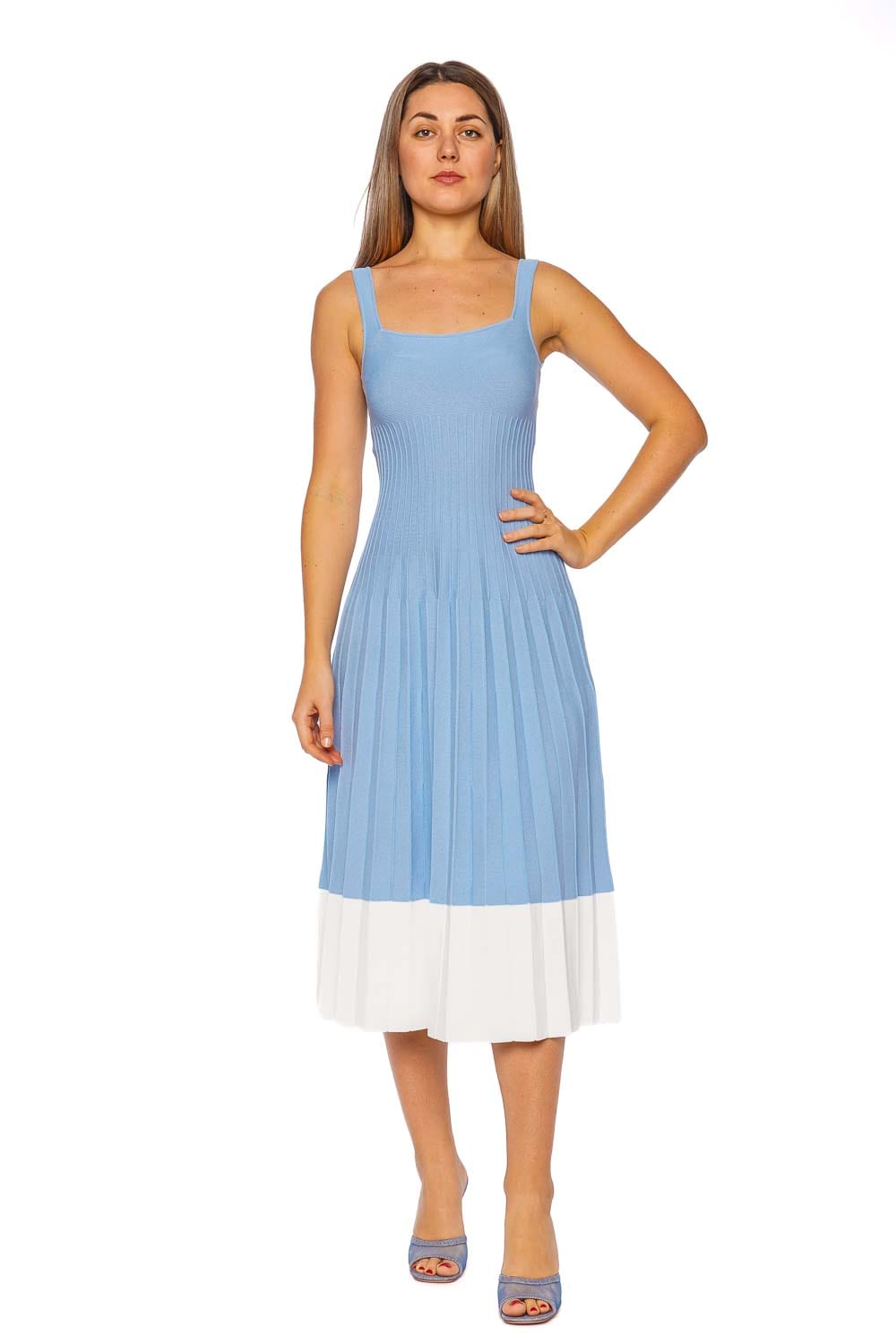 Staud Ellison Clear Blue & White Knit Midi Dress