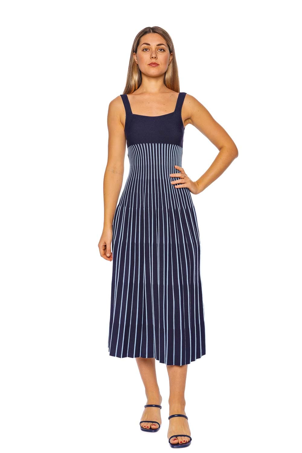 Staud Ellison Navy Striped Knit Midi Dress