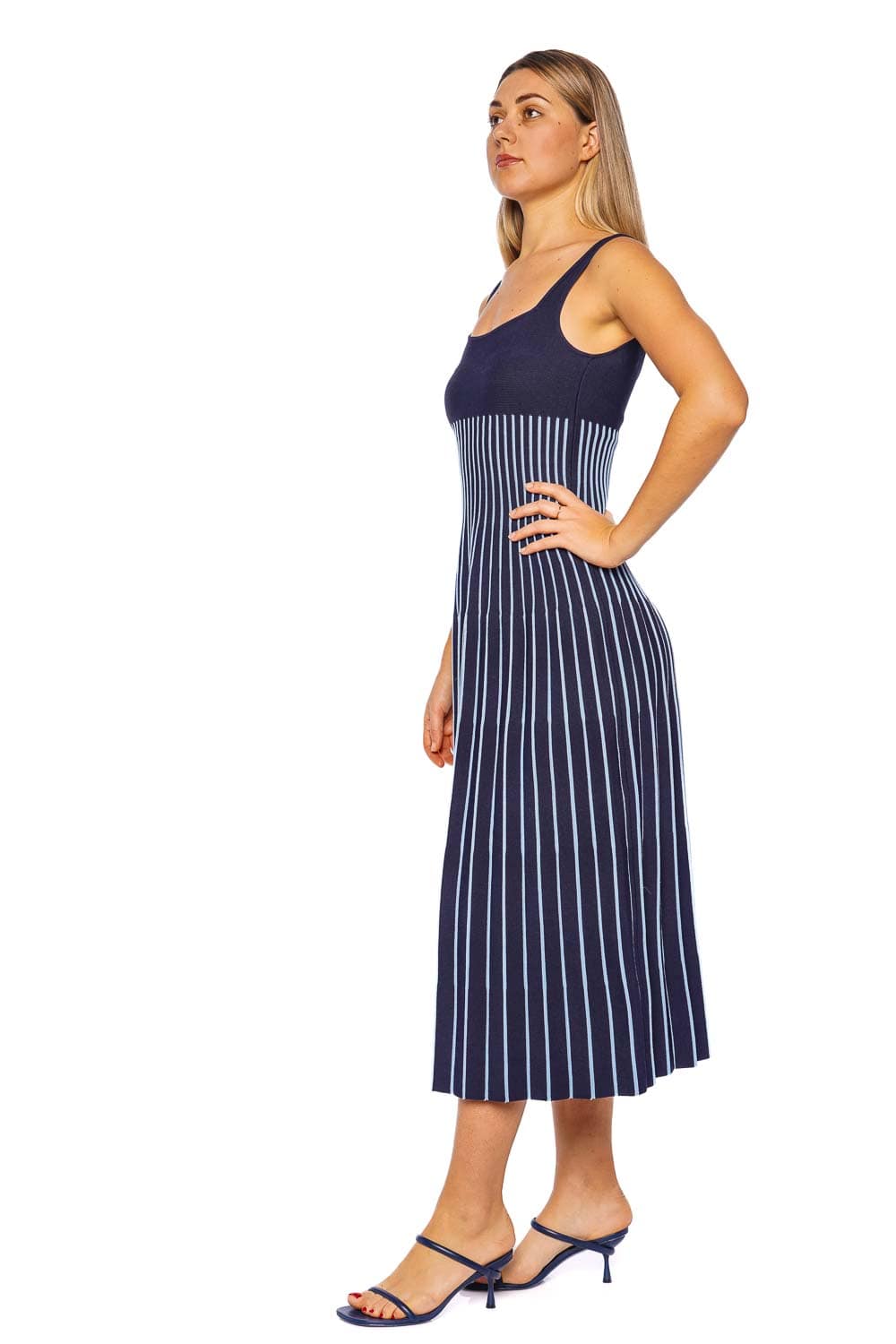 Staud Ellison Navy Striped Knit Midi Dress