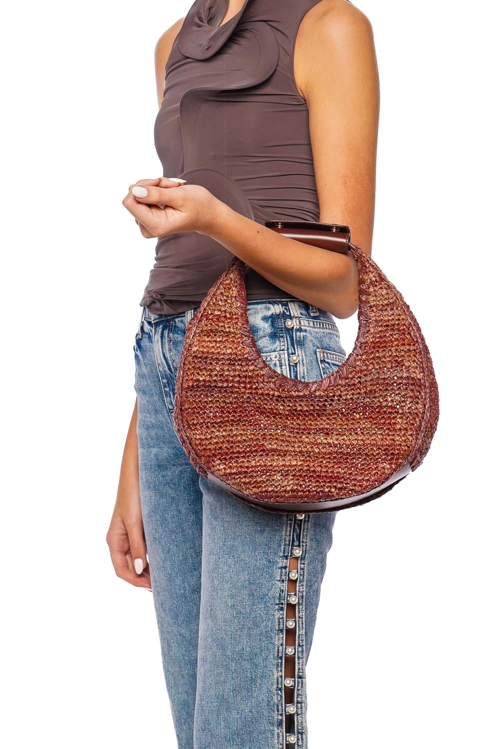 Staud Moon Mahogany Raffia Tote Bag