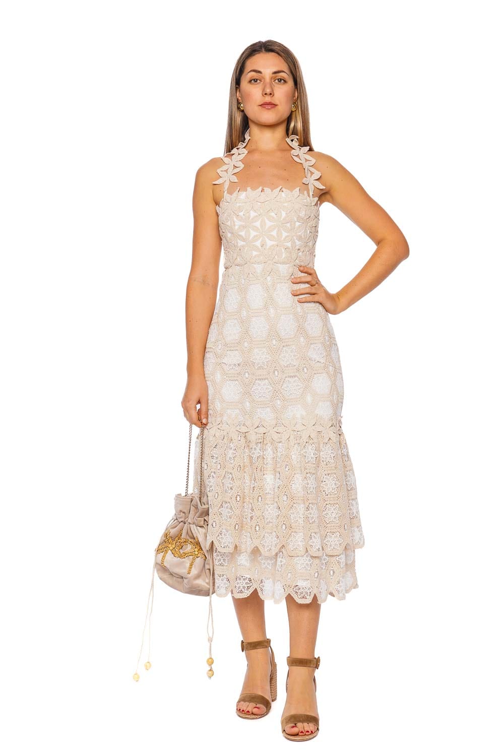 PatBO Natural Floral Crochet Midi Dress