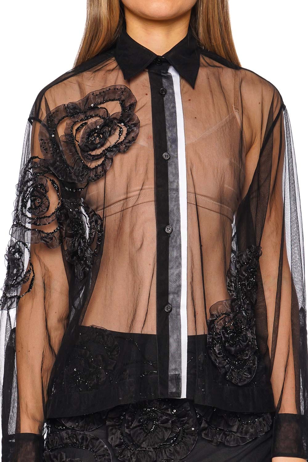 DES_PHEMMES Couture Floral Embellished Tulle Shirt