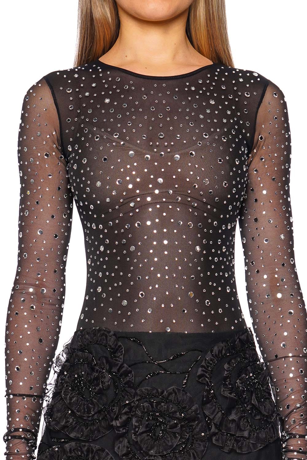 DES_PHEMMES Black Crystal Embellished Tulle Bodysuit