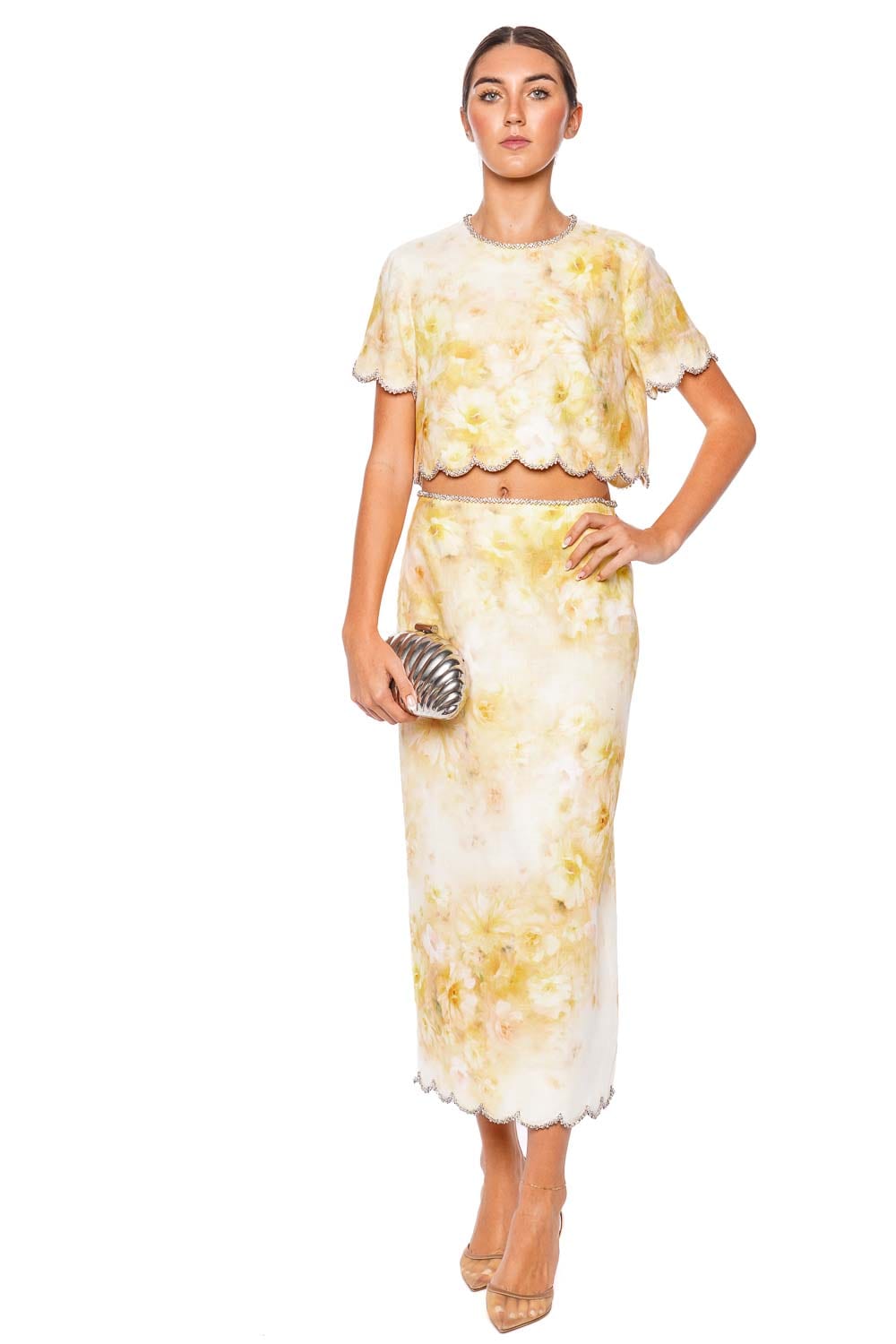 ZIMMERMANN Crush Yellow Floral Scalloped Midi Skirt