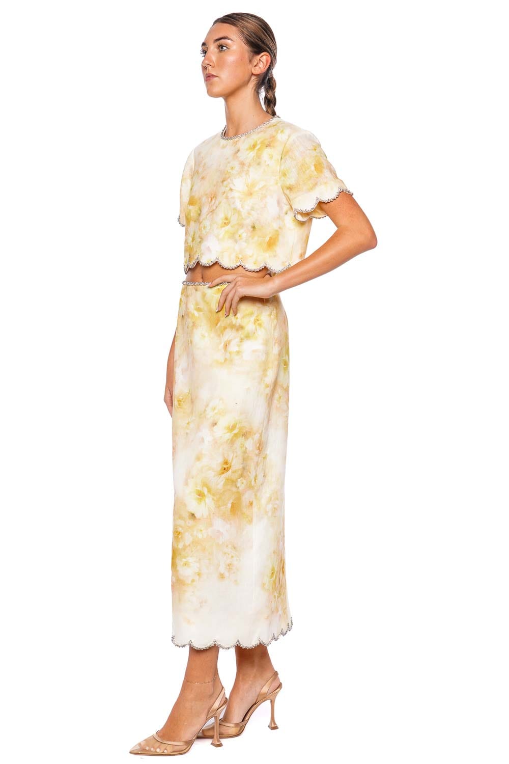 ZIMMERMANN Crush Yellow Floral Scalloped Midi Skirt