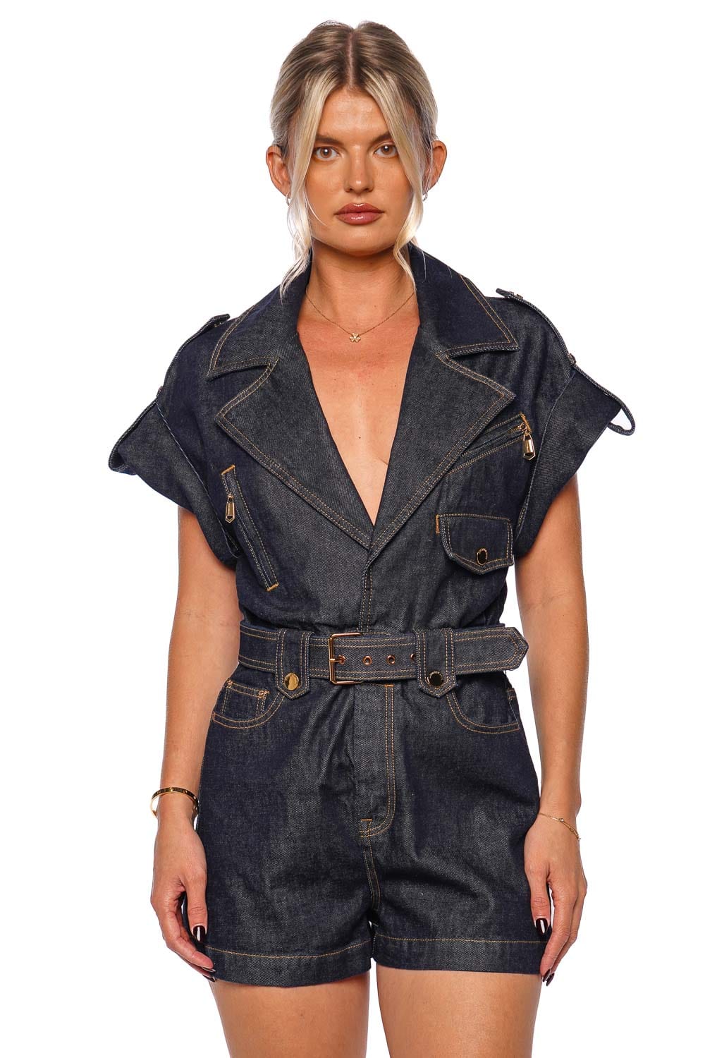 ZIMMERMANN Crush Denim Belted Playsuit