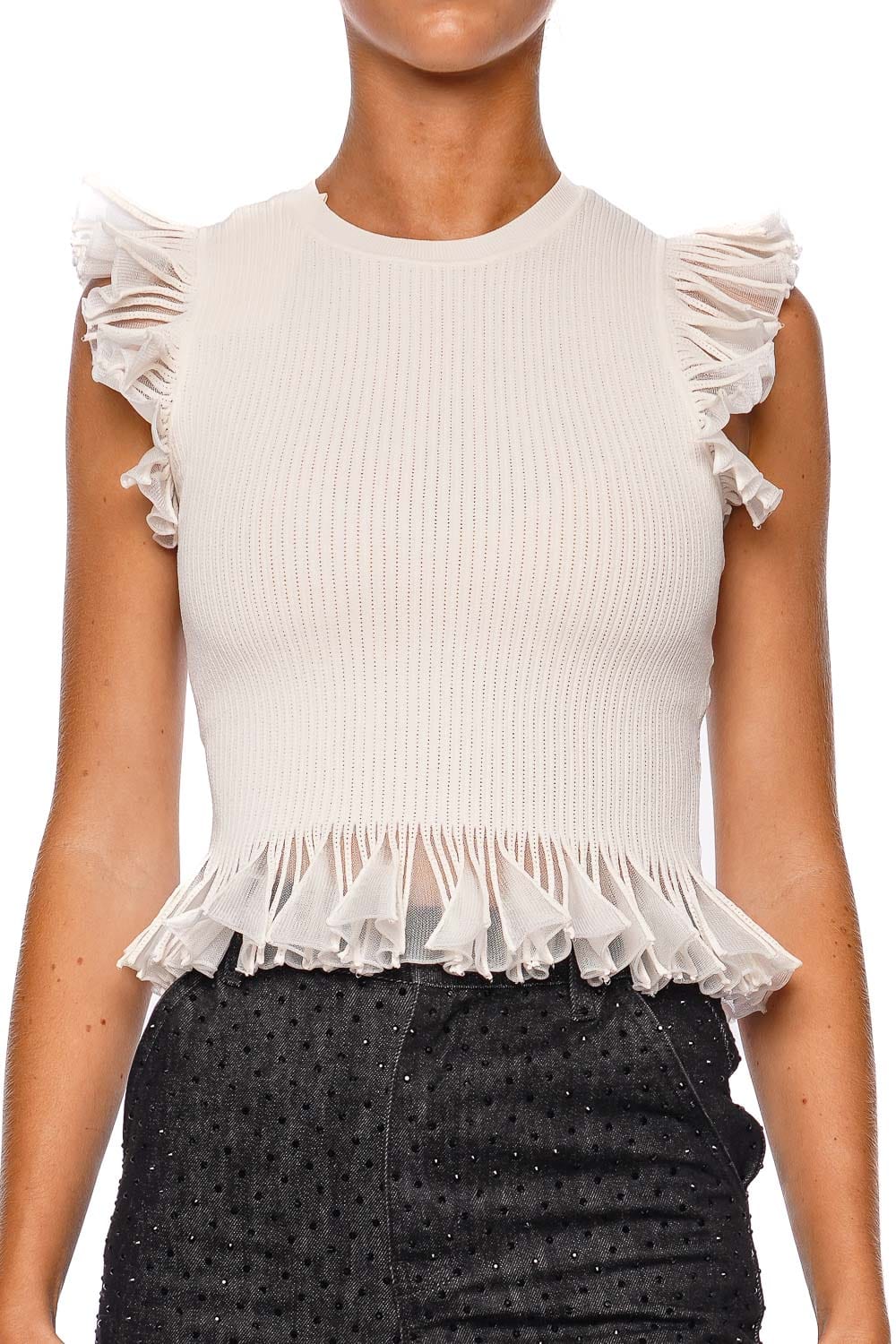 Ulla Johnson Leila Cowrie Ruffled Ribbed Knit Top