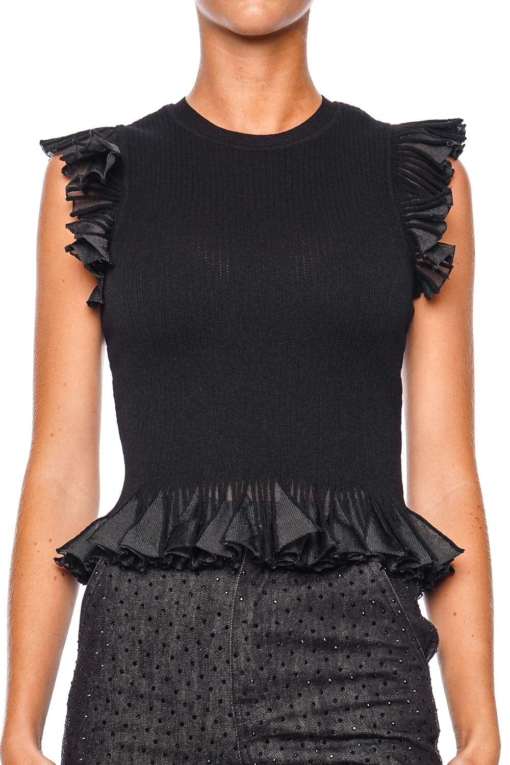 Ulla Johnson Leila Noir Ruffled Ribbed Knit Top