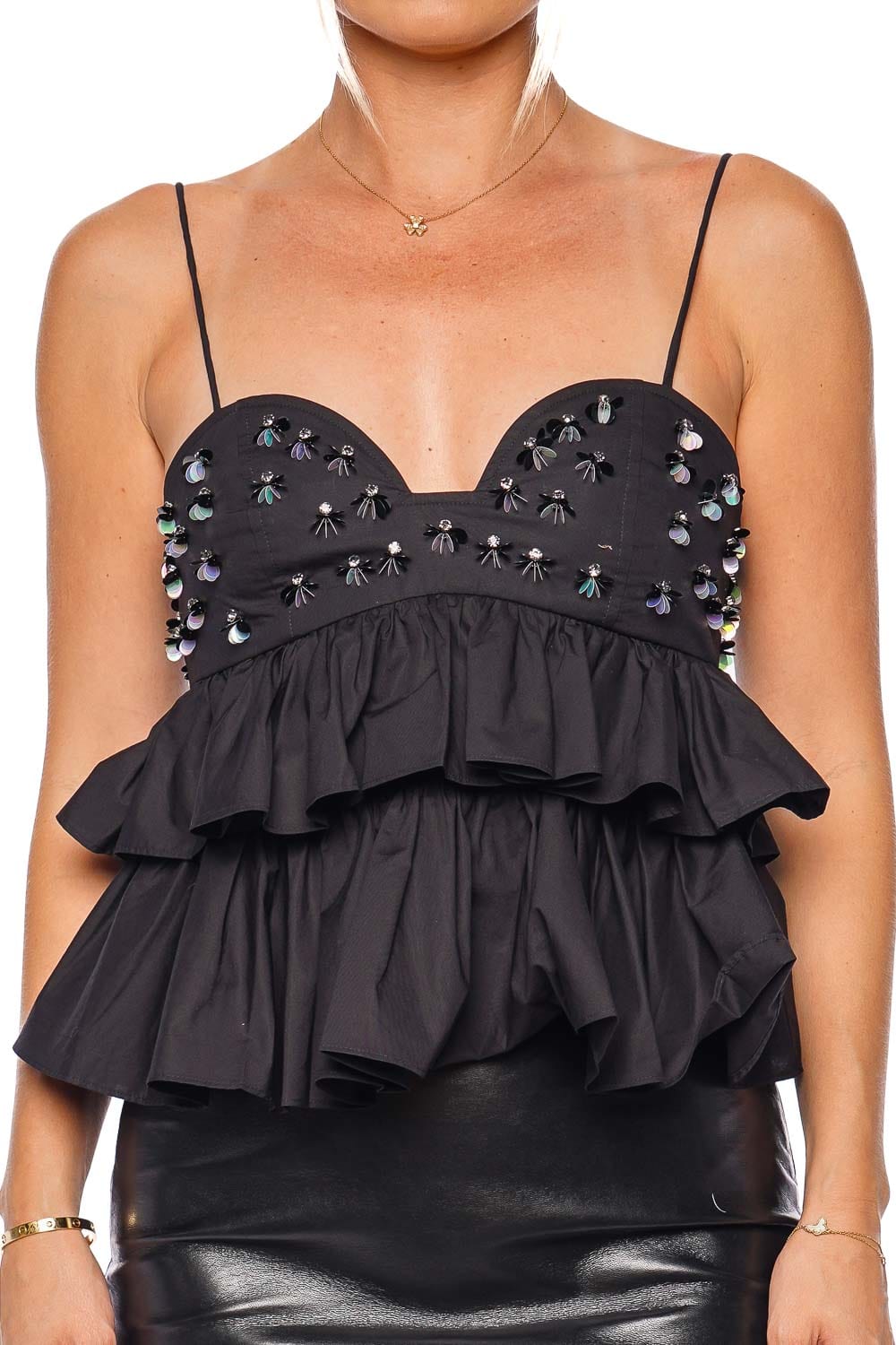 Ulla Johnson Lucia Noir Beaded Sweetheart Ruffled Top