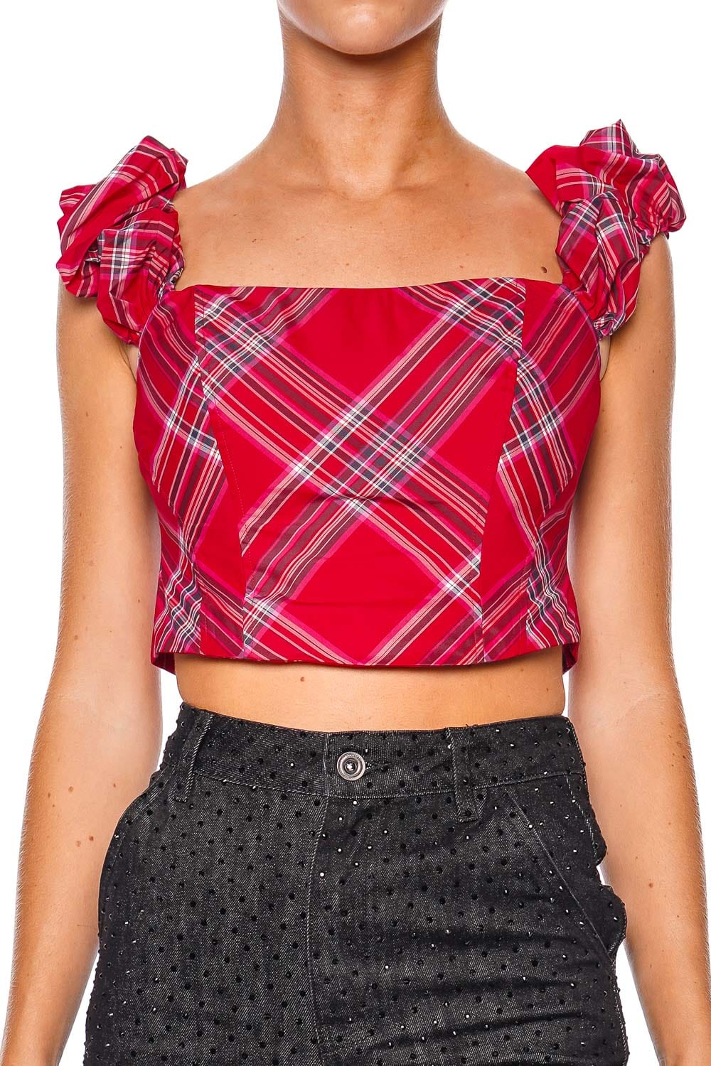 LoveShackFancy Maryjane Plaid Taffeta Cropped Top