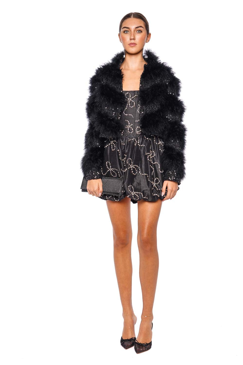 LoveShackFancy Curran Black Sequin Feathered Crop Jacket