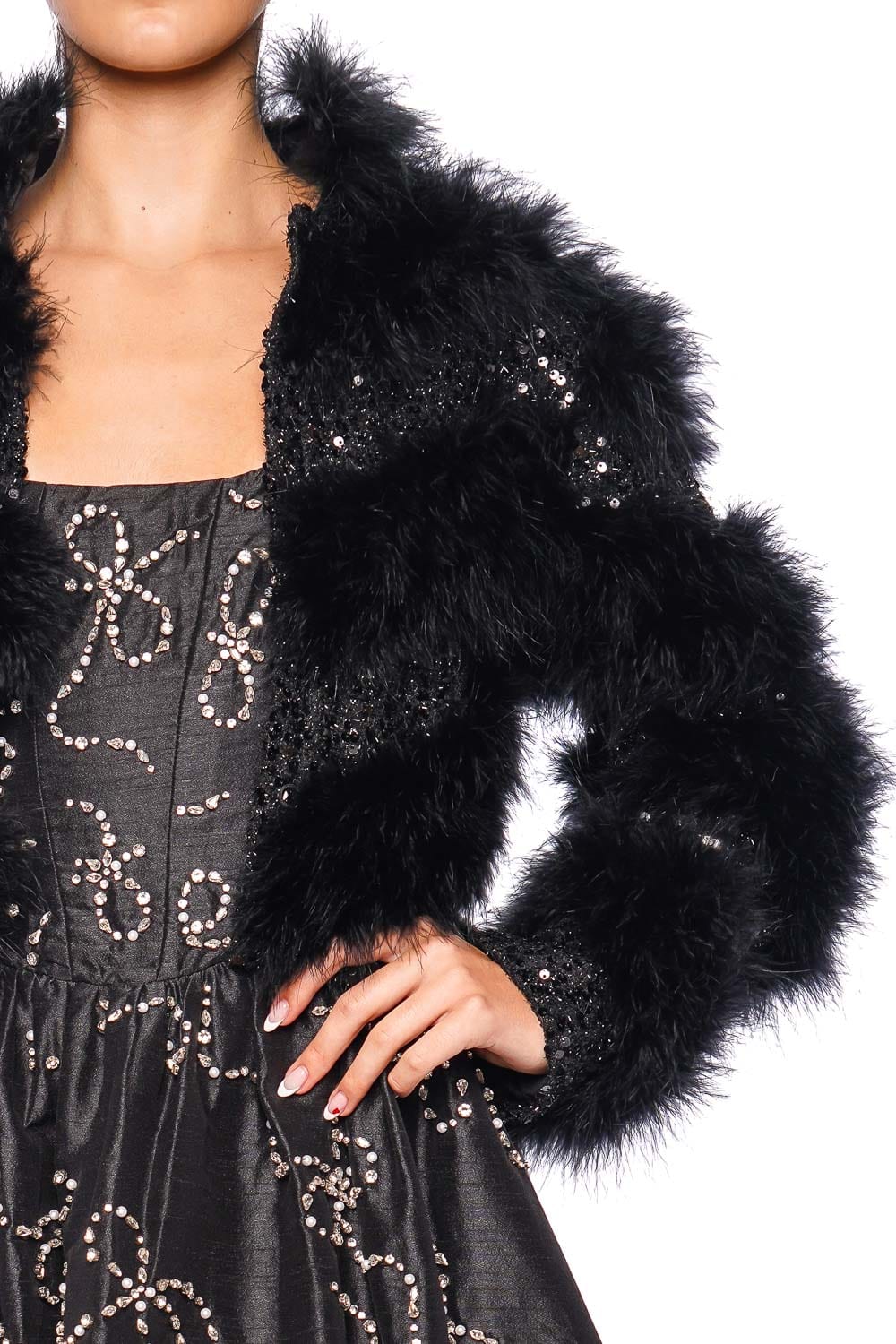 LoveShackFancy Curran Black Sequin Feathered Crop Jacket