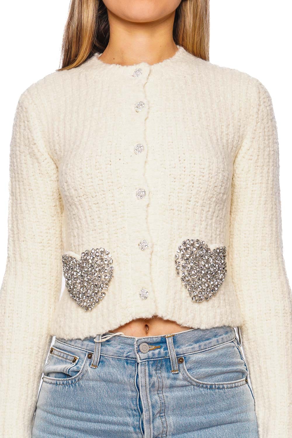 LoveShackFancy Leocadia Crystal Heart Embellished Cardigan