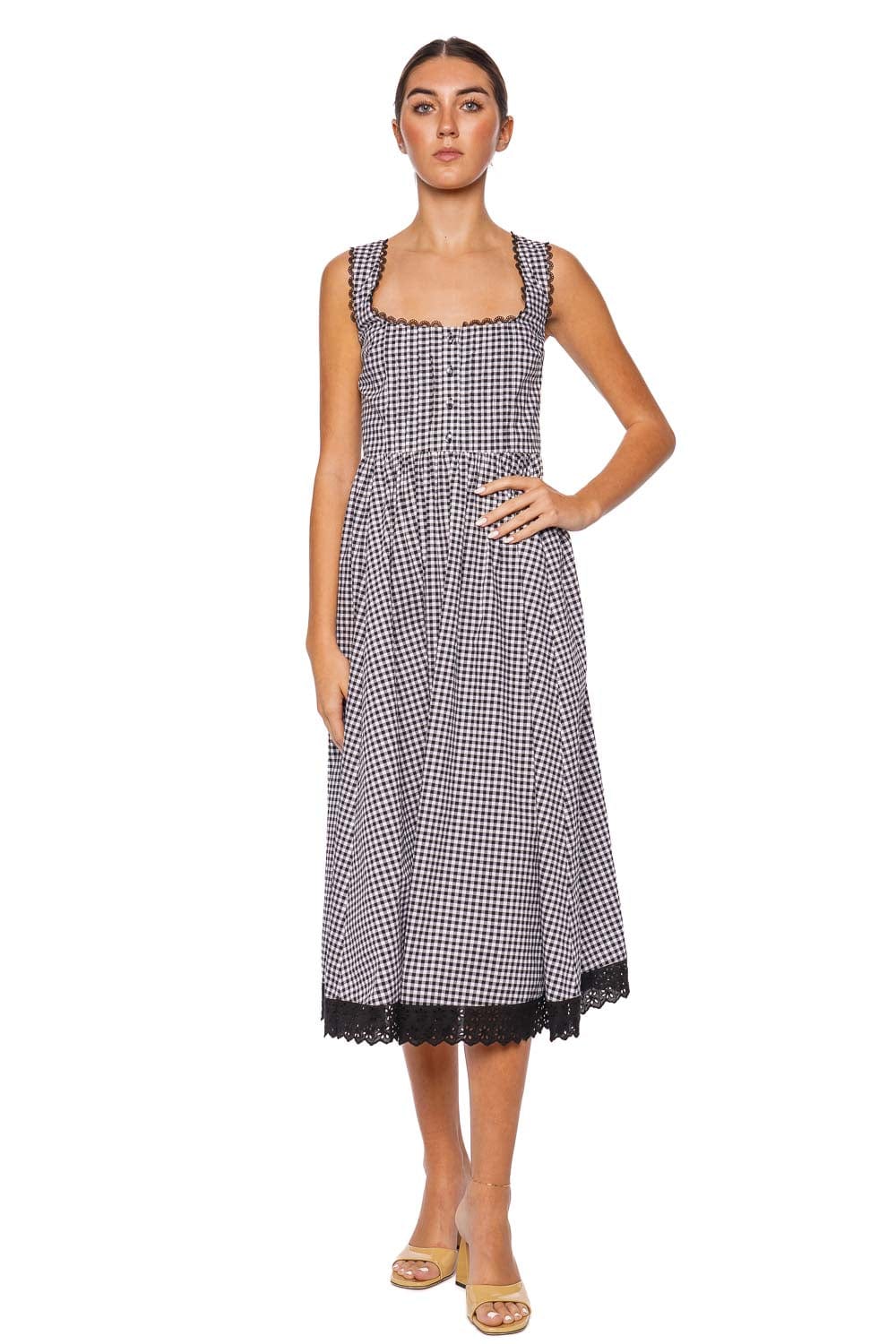 Caroline Constas Alanna Eyelet Trim Apron Midi Dress