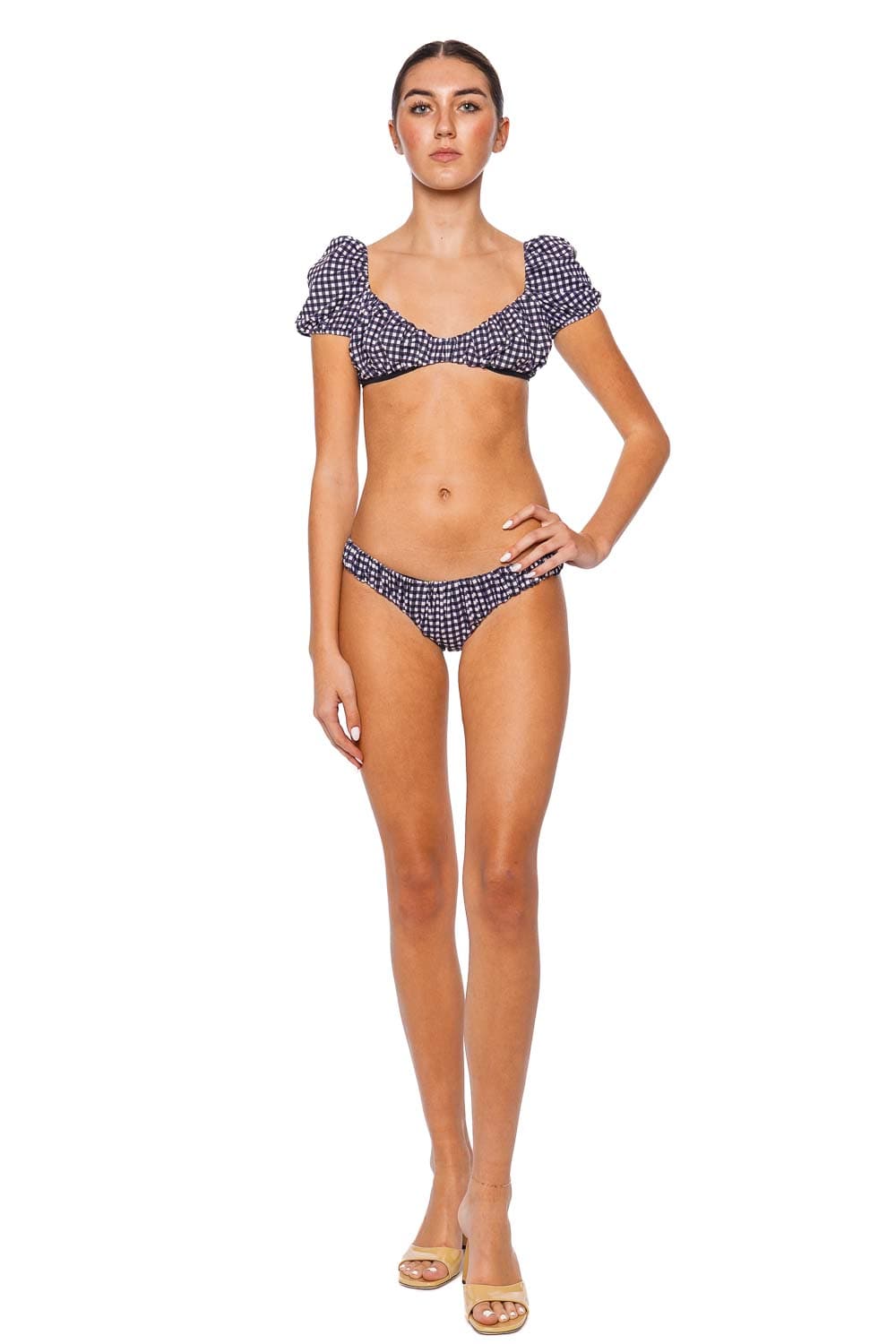 Caroline Constas Zoe Puff Sleeve Gingham Bikini Top