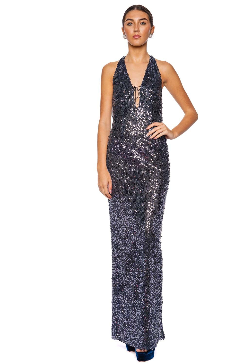 16ARLINGTON Eima Navy Sequin Halter Gown