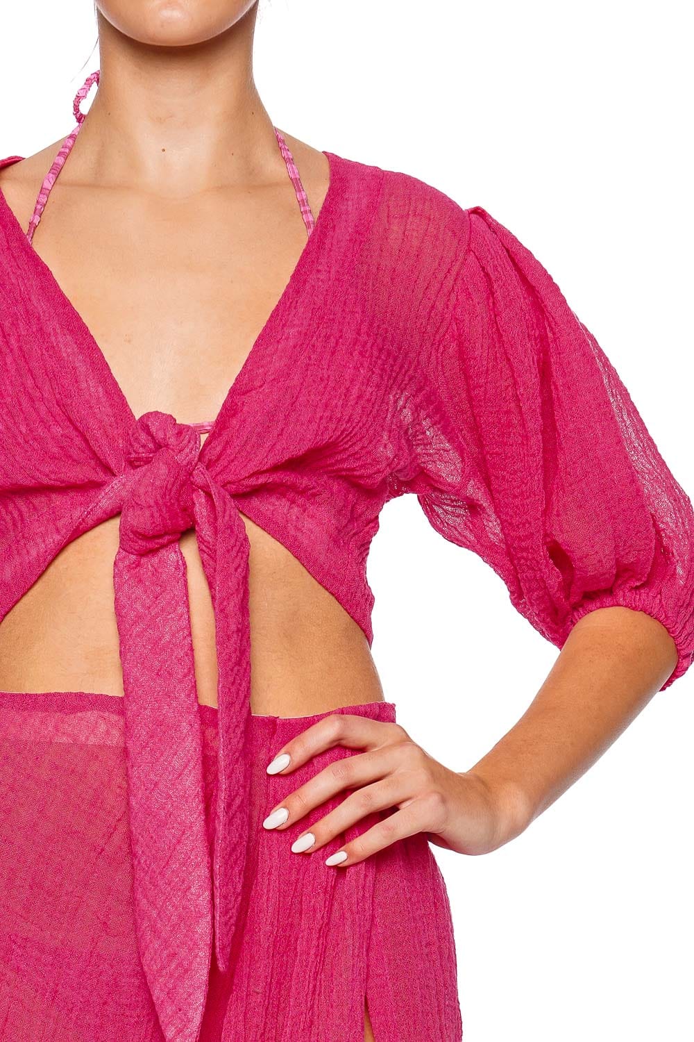 Fuchsia Gauze Pouf Tie Blouse
