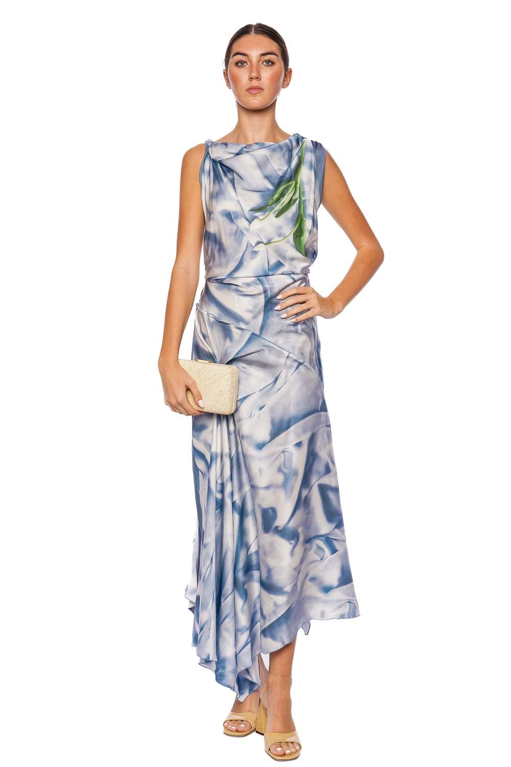 Victoria Beckham Blue Flowers Asymmetric Draped Midi Dress