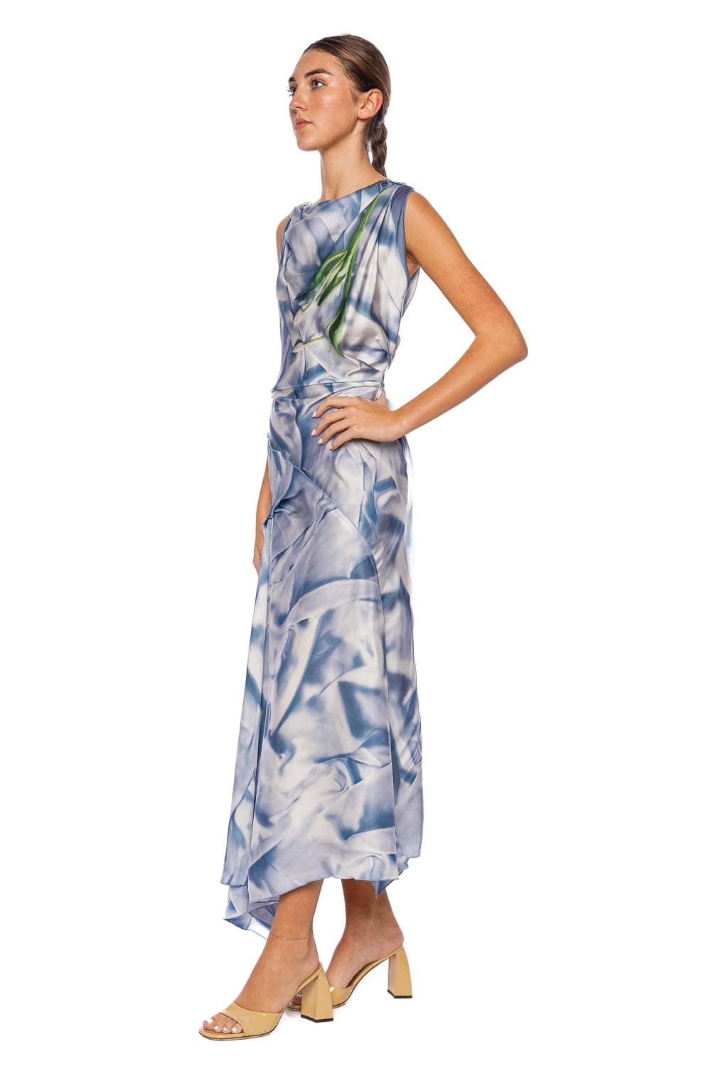 Victoria Beckham Blue Flowers Asymmetric Draped Midi Dress