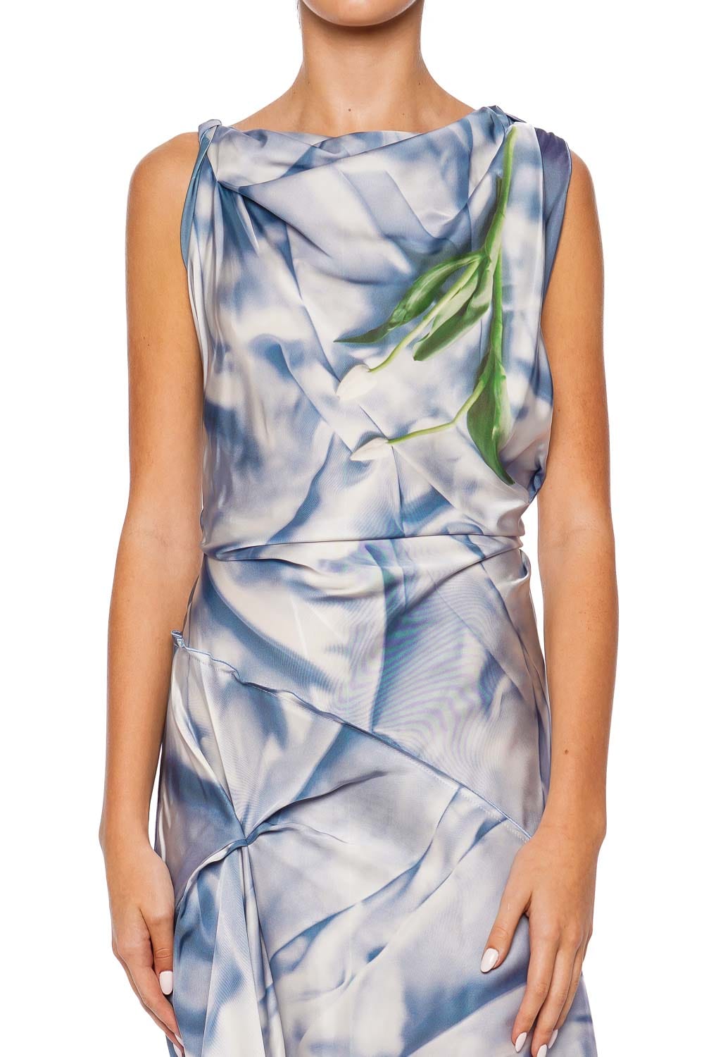 Victoria Beckham Blue Flowers Asymmetric Draped Midi Dress