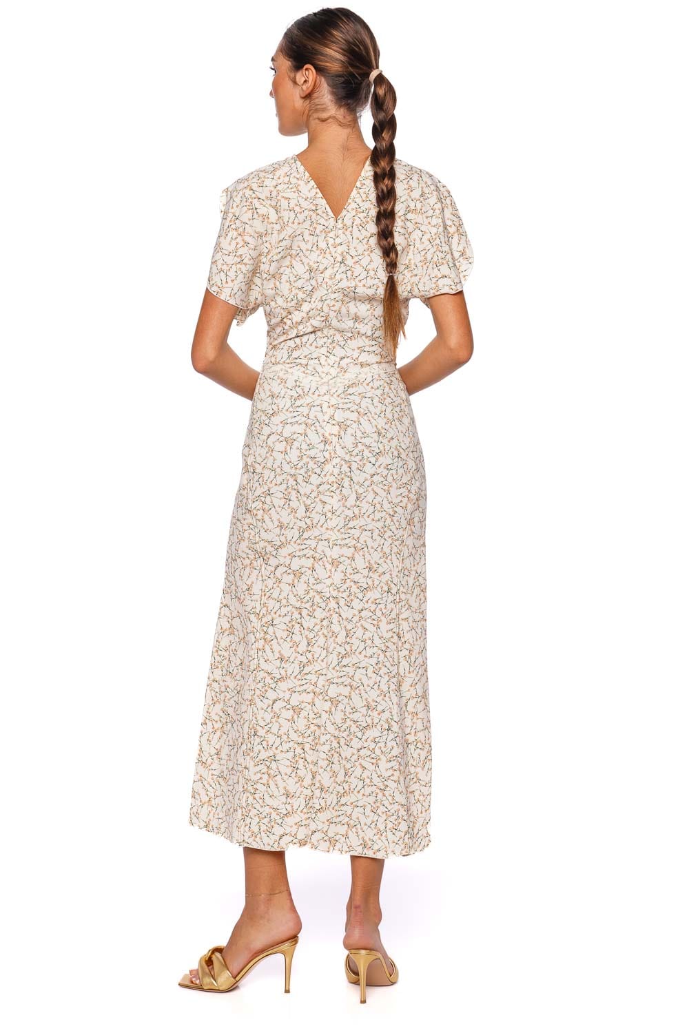 Victoria Beckham Floral Peach Gathered Waist Midi Dress