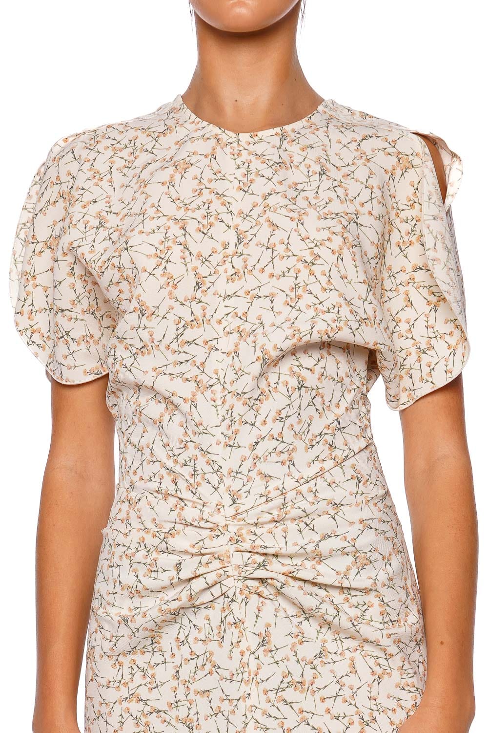 Victoria Beckham Floral Peach Gathered Waist Midi Dress