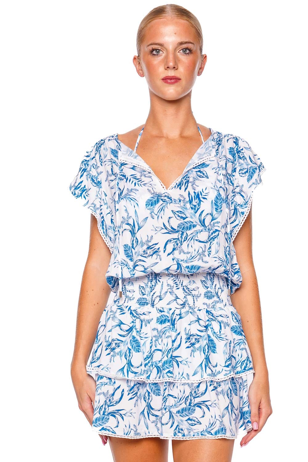 Melissa Odabash Keri Blue Leaf Cover Up Mini Dress